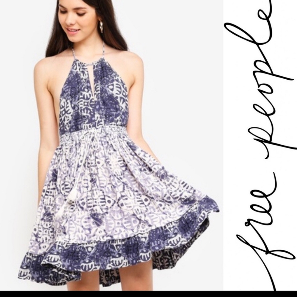Free People Beach Day Mini Dress Halter Neck Blue Tribal Print Sz Sm Md & Lg NWT - Picture 9 of 16